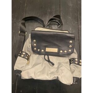 Steve Madden Grey Nylon Studded Backpack Black Faux Leather Trim Gold Hardware